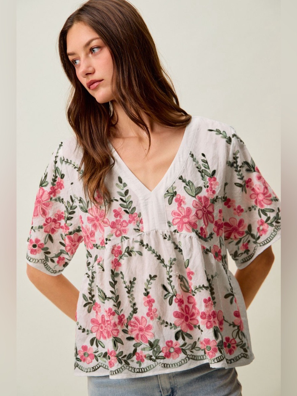 SO ME Floral Embroidered V Neck Boho Blouse Top🛍️